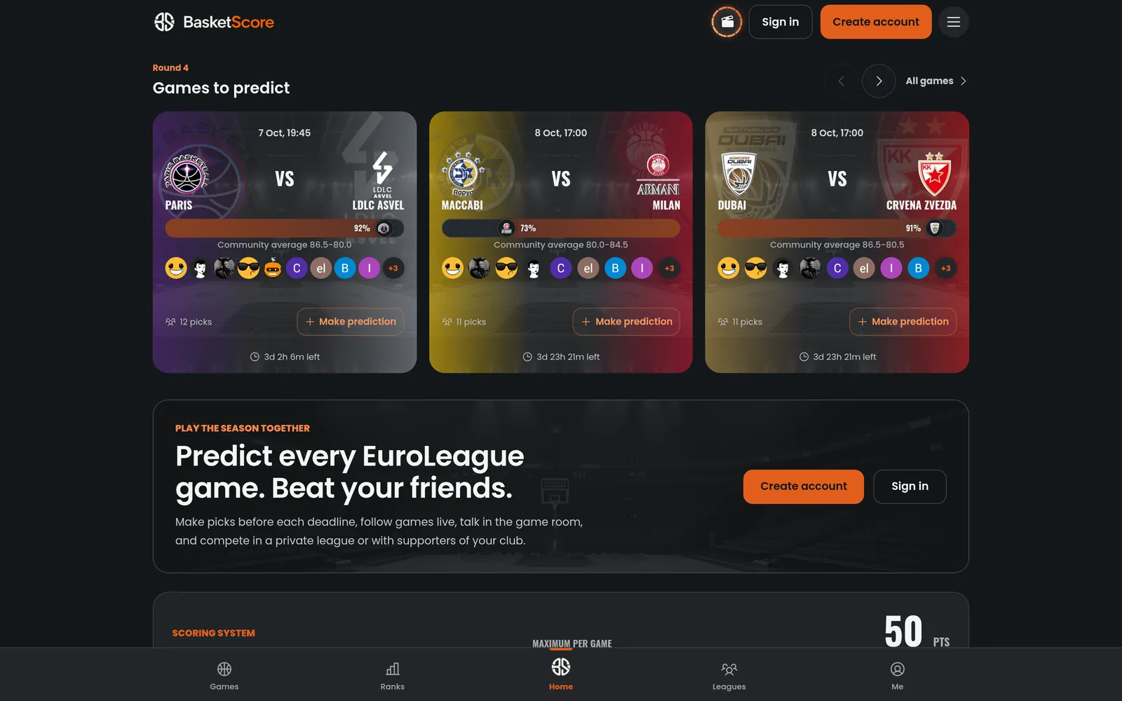 BasketScore homepage with this round’s EuroLeague games to predict