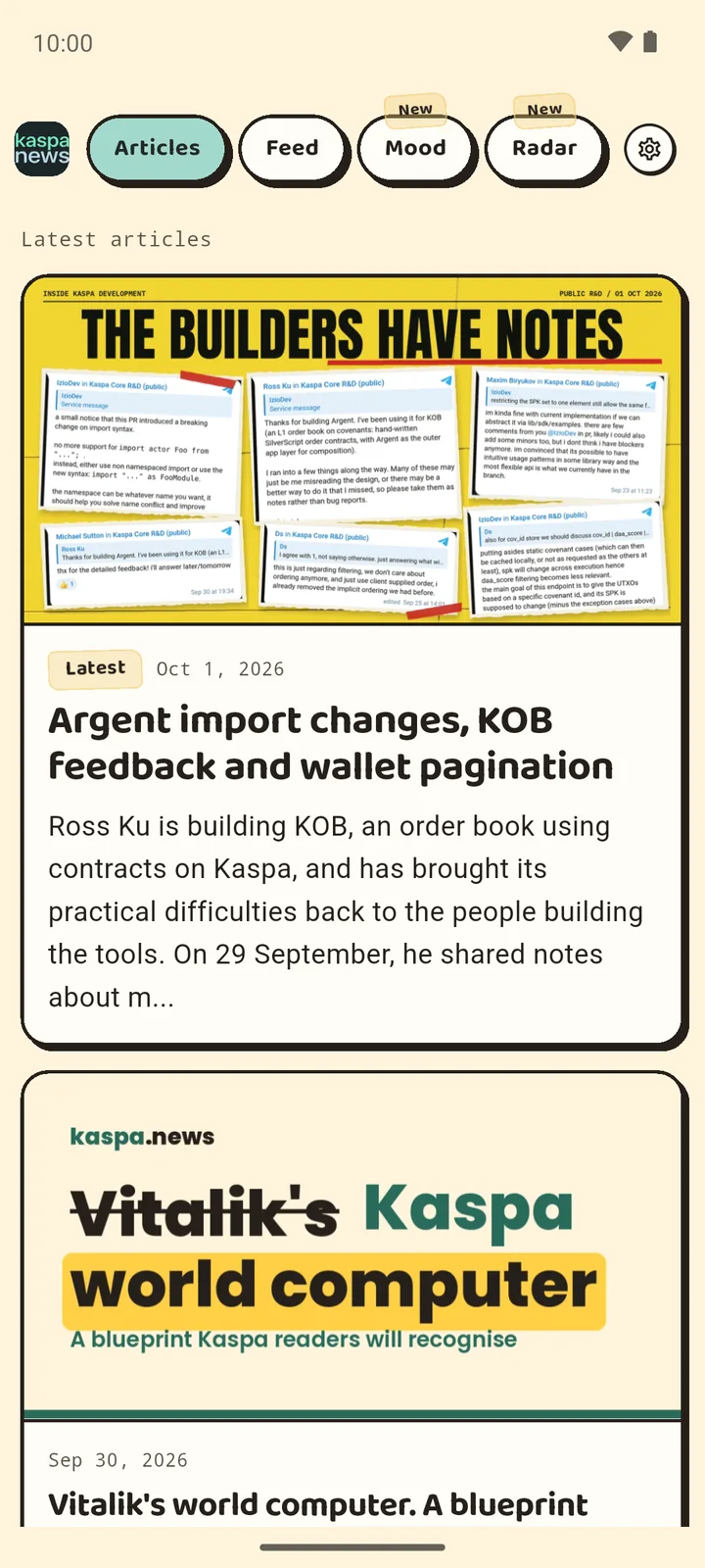 Kaspa News Android app showing the latest articles in the Paper theme