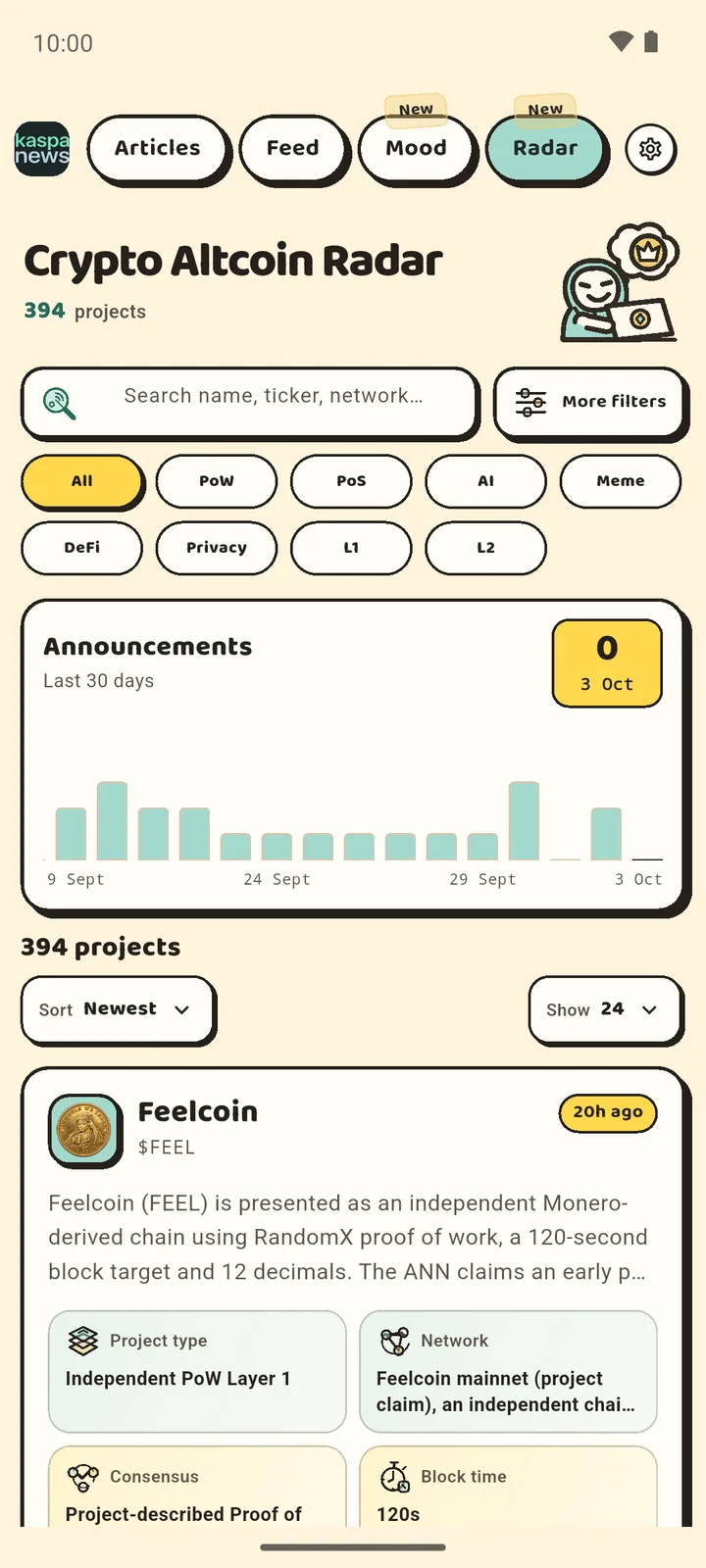 Crypto Altcoin Radar research catalogue in the Kaspa News Android app